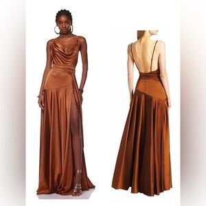 NEW BRINX AND BANCO Leo Chocolate
Brown Silk-Blend Maxi Dress with Tie
